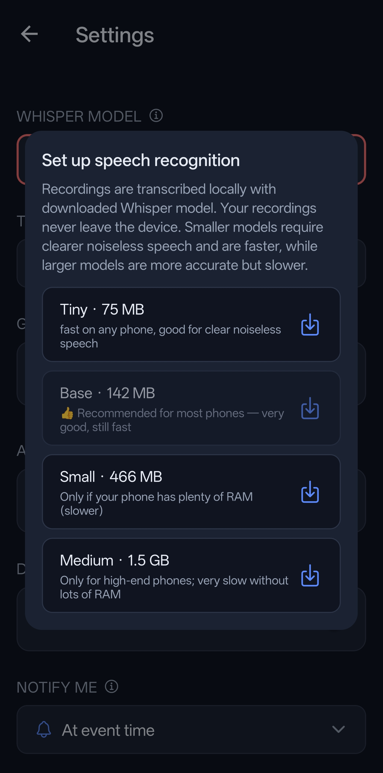 Whisper model download options in Settings