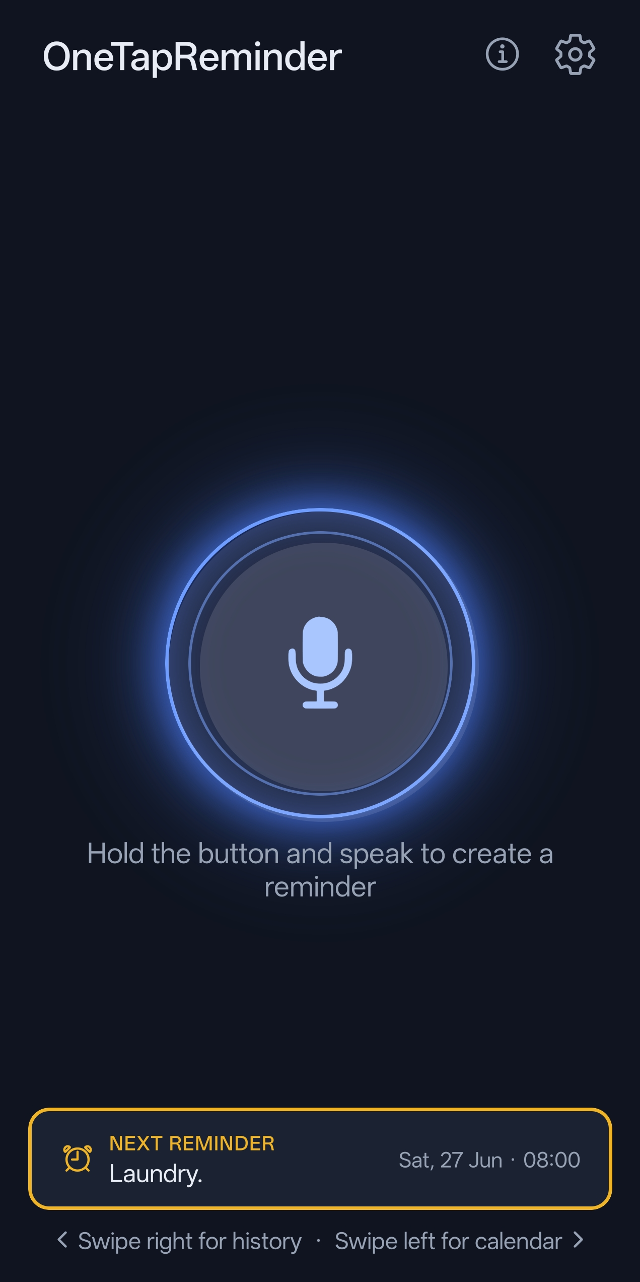 The OneTapReminder home screen: one large glowing mic button