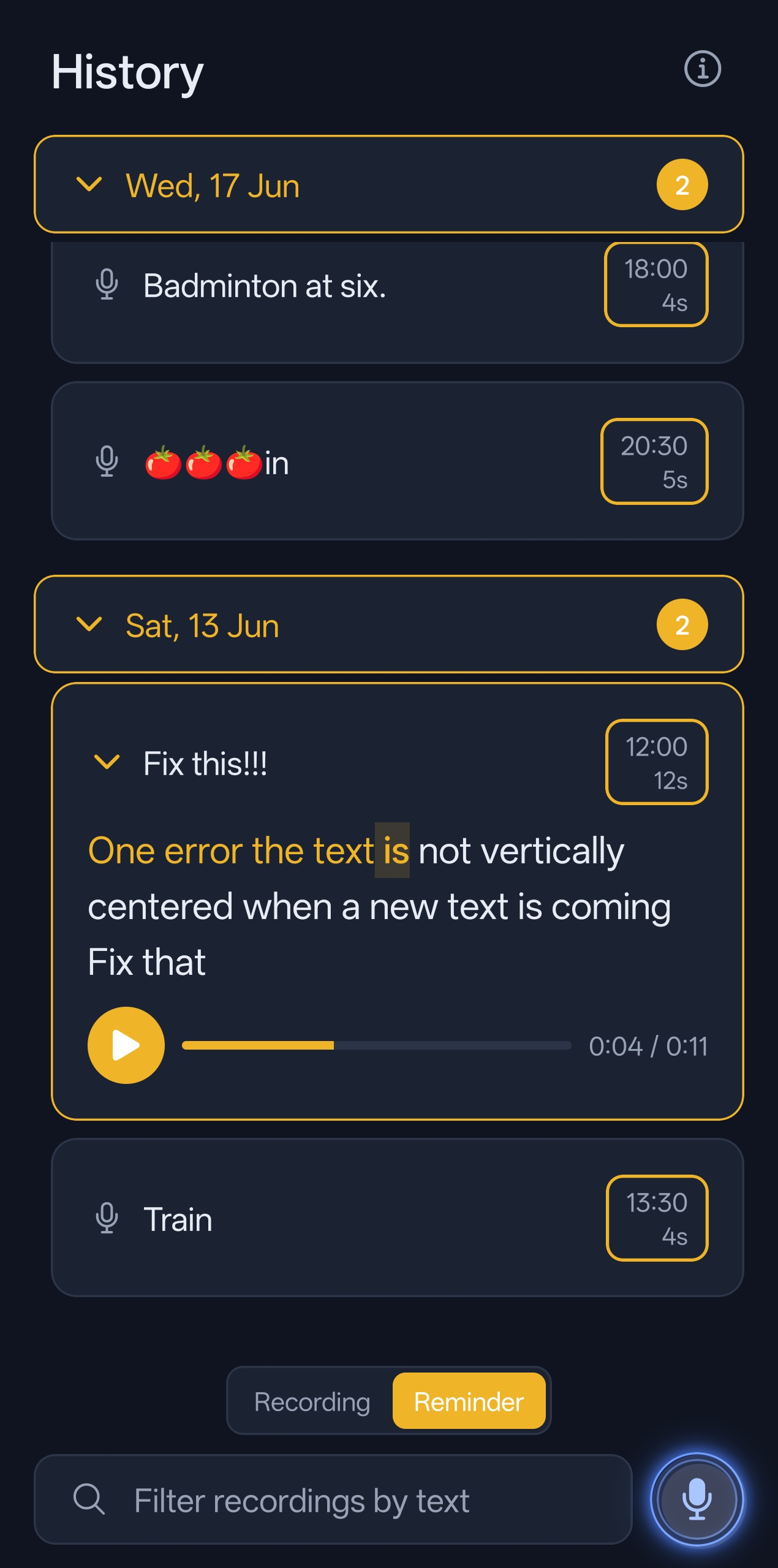 History list with word-by-word audio playback