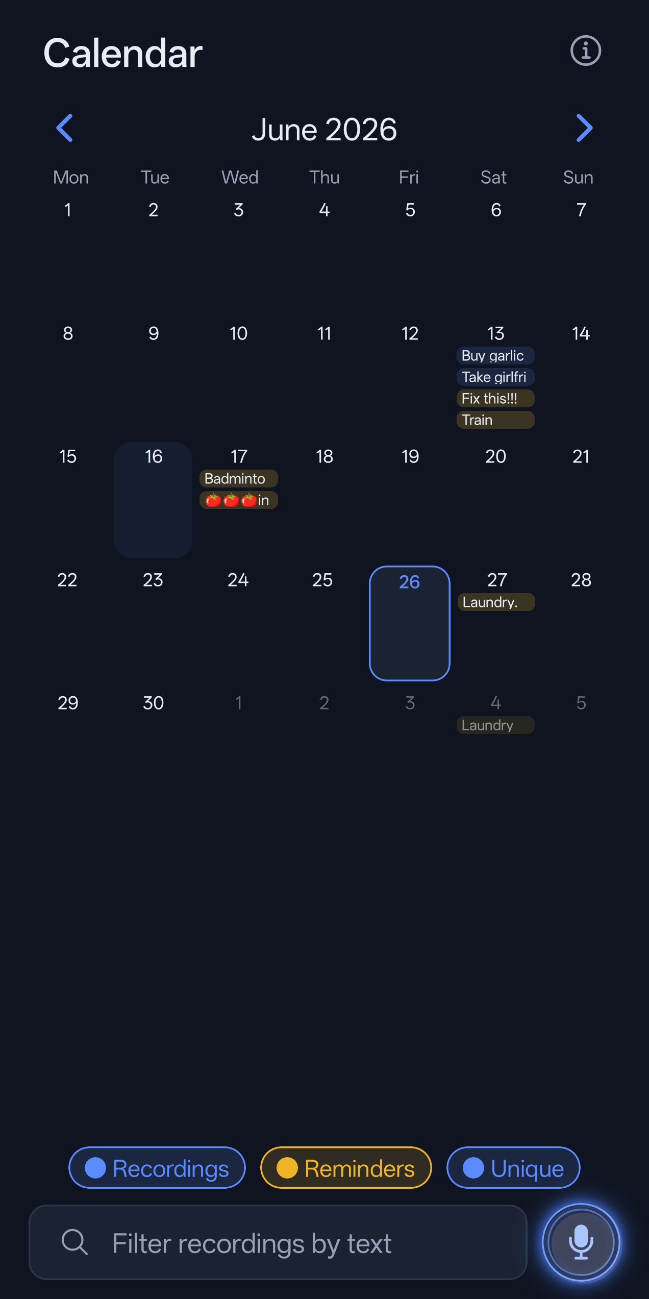 Month calendar with recording and reminder chips