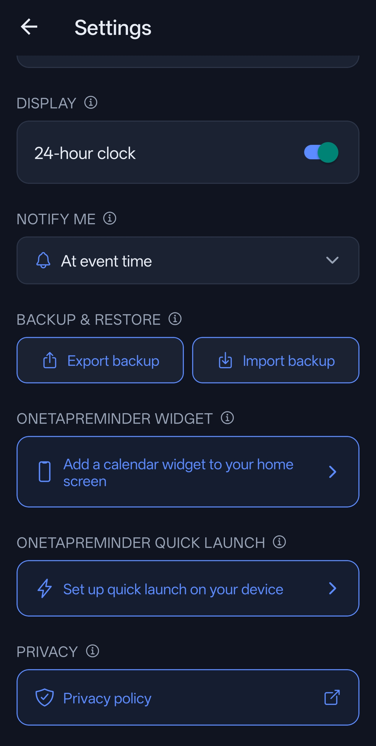 Settings with backup and restore