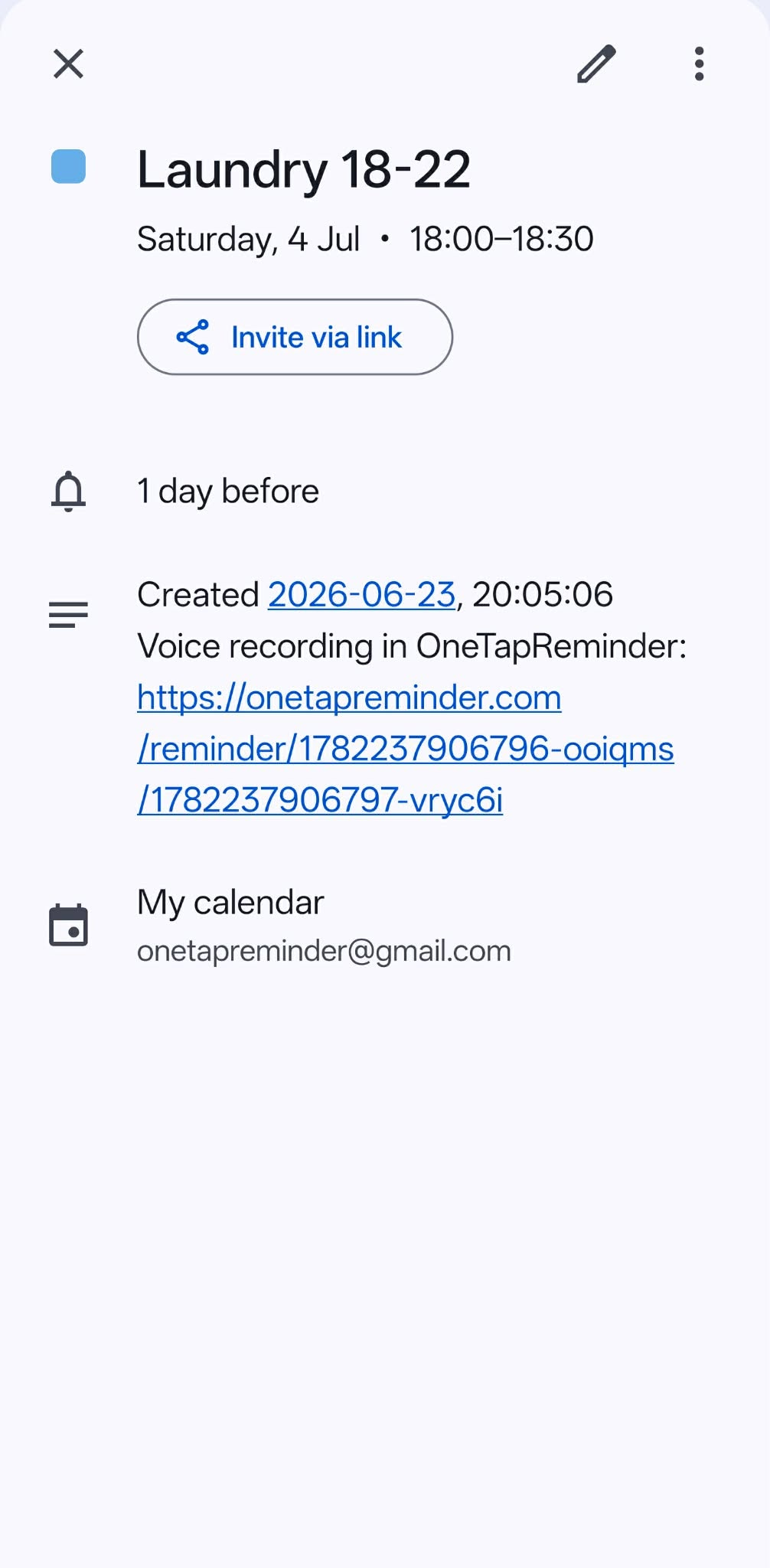 A synced Google Calendar event with a link back to the recording