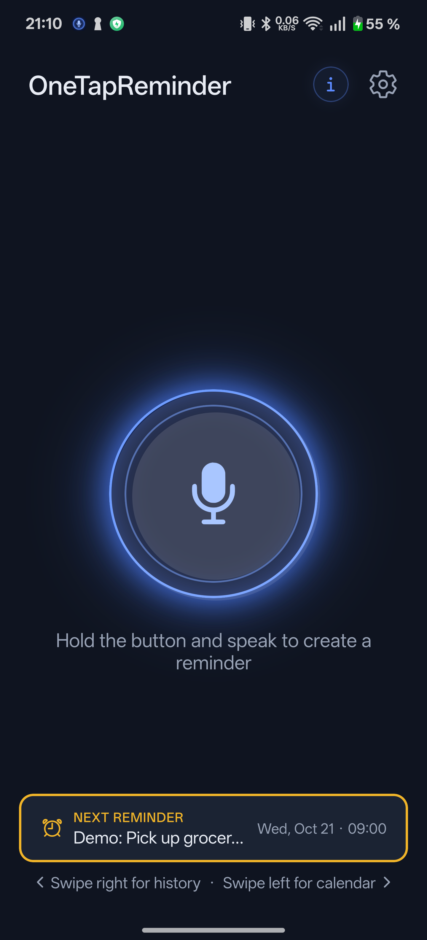OneTapReminder’s Android microphone screen with an upcoming grocery reminder
