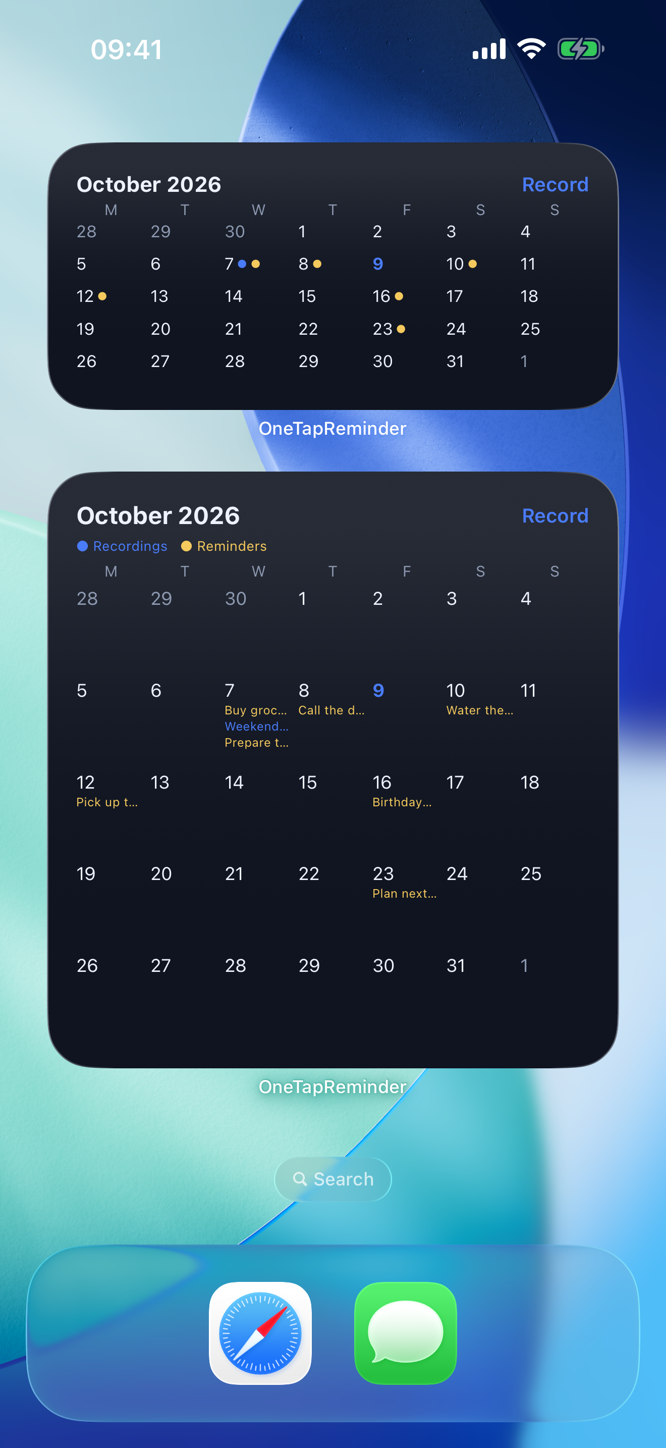 OneTapReminder’s large and medium calendar widgets on an iPhone Home Screen